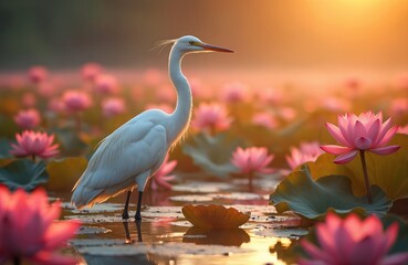 Naklejka premium White heron stands in pond with pink lotus flowers. Soft sunset light reflects on water surface creating peaceful natural scene. Bird waits patiently near blooming aquatic plants.