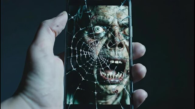 Male hand holding a modern smartphone with a scary zombie on the broken screen in a concept of post apocalyptic horror, infection outbreak, and halloween terror in a dark environment