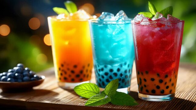 Colorful drinks with tapioca pearls placed on a wooden board outdoors during a social gathering at sunset