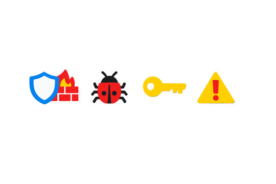 Security symbols are shown with a shield, a bug, a key, and a caution sign in a simple arrangement that indicates protection and alertness