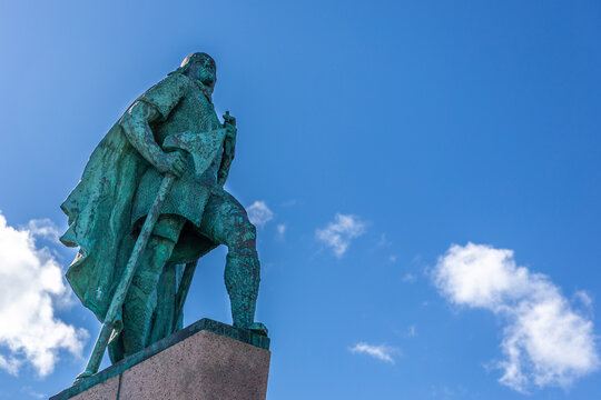 Reykjavik, Iceland, 14.05.22. Bronze statue of Viking explorer Leif Erikson in Reykjavik Iceland.