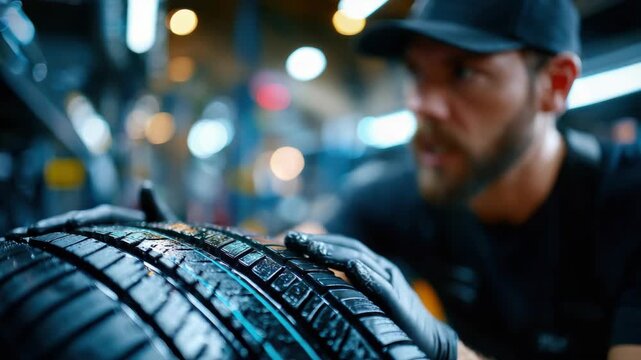 Worker checks tire tread in automotive shop during busy afternoon with bright lights and tools nearby