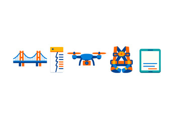 Obraz premium Different tools and equipment used for bridge inspection and monitoring during the day