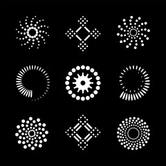 Abstract Circle and Spiral Icons. Set of Dots Design Elements on Black Background. 