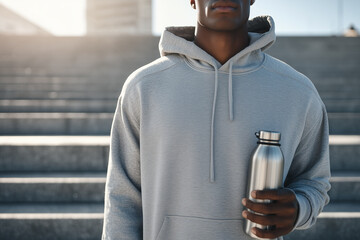 calm person in a light gray athletic hoodie holds a steel water bottle during a post workout recovery session against a blurred city steps background in soft morning light.