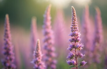 Fototapeta premium Close-up of purple flower spikes blooming in garden field. Soft light illuminates delicate petals and green stems. Nature beauty, floral, summer bloom.