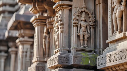 Fototapeta premium Detailed stone carvings of deities and mythology on an ancient temple wall, showing intricate historical craftsmanship and texture