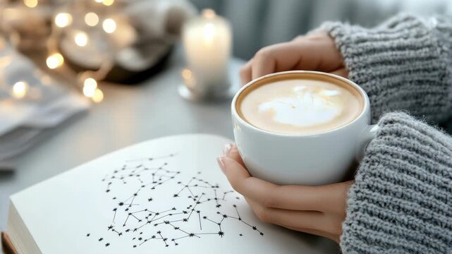 Person enjoying coffee with a magical spinning astrology wheel and candle flame, representing divination, fortune telling, and esoteric practices in a cozy cafe setting