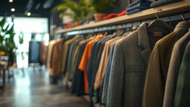 Elegant men's clothing collection hanging on a rack in a modern fashion boutique with a stylish and contemporary interior, showcasing the latest fashion trends and retail concept