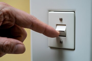 Straightforward close-up photograph of a hand flipping a standard white light switch on a wall, perfect for home, safety, or basic action concepts