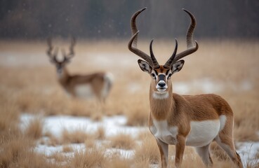 Pronghorn antelope buck stands in dry grass field with snow patches. Another antelope blurred in background. Male large, curved horns, brown white fur coat. Animal in natural habitat.