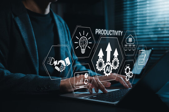 AI-driven productivity and business automation concept. Professional using laptop with artificial intelligence improving workflow efficiency, data analytics, collaboration and digital transformation.