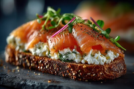 Close-up view of Swedish flatbread sandwich with smoked salmon and cream cheese in a stylish setting