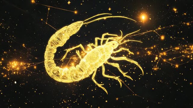 Scorpio zodiac sign shining gold in the night sky with glowing stars and constellations representing the astrological symbol of the scorpion in a mystic cosmic background