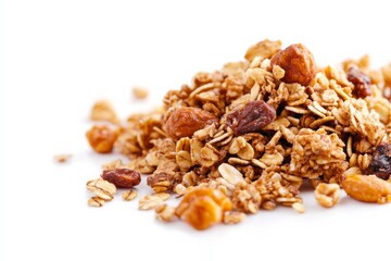 Crunchy granola clusters scattered on a plain background ready for a healthy snack or breakfast option