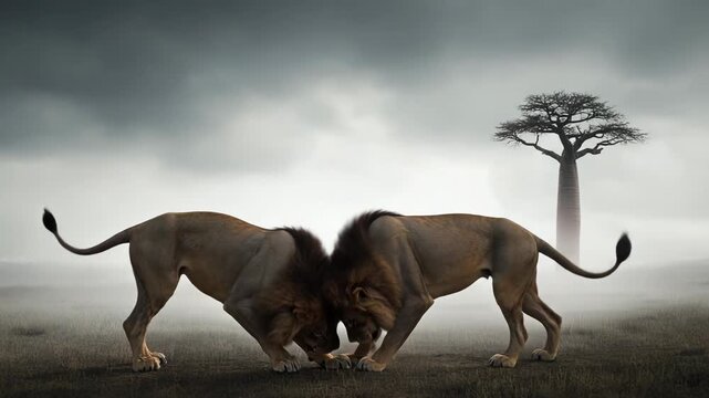 Two aggressive male lions roaring and fighting for dominance in the african savanna with a baobab tree under a dramatic stormy sky, symbolizing conflict, power, and rivalry