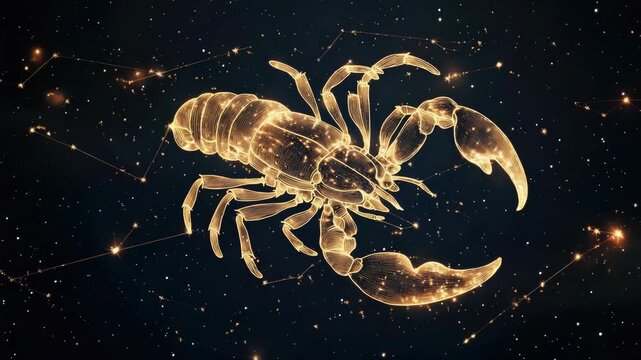Cancer zodiac sign constellation with a glowing golden crab symbol in the starry night sky representing western astrology, esoterism, horoscope, and fortune telling
