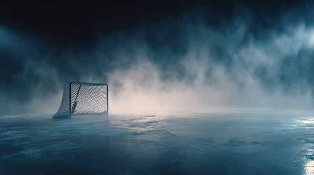 Hockey goal on foggy ice rink with dramatic lighting effects
