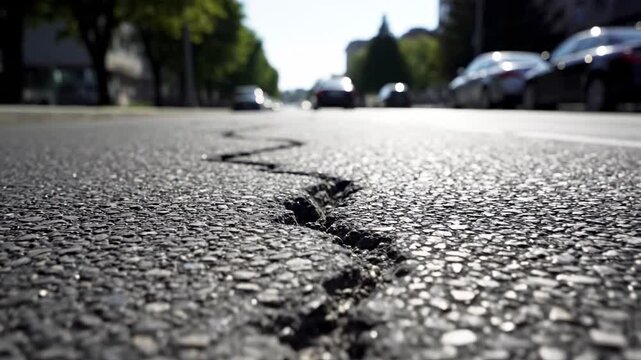 Low-angle cinematic shot of a jagged crack splitting a city road after a powerful earthquake. Blurred cars pass by in the background, revealing the impact of seismic waves on urban life.