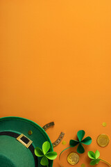 Obraz premium Bright orange background with a green hat, shamrocks and gold coins evokes a festive St Patrick's Day mood and warm greeting for holiday celebration and luck wishes