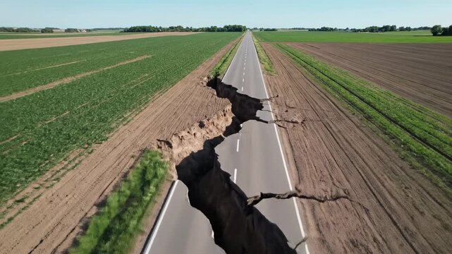 Aerial view of a massive fissure tearing through a rural road after an earthquake. The deep crack splits the asphalt, highlighting nature's destructive power and severe infrastructure damage.