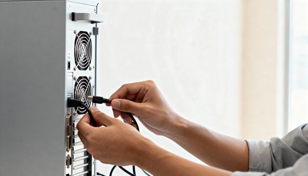 Close up of hands connecting a cable to the back of a computer tower. IT technician installing hardware on a server. Technology and connectivity concept