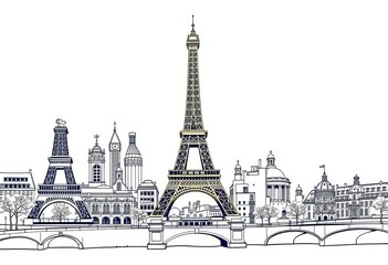 Intricate line drawing of Parisian landmarks, sketched style, Notre Dame, illustration