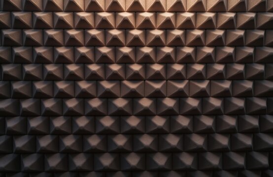 Close up of sound proof acoustic foam wall panels. Pyramid shapes create texture for audio recording studios and music rooms. Dark brown color adds warmth.
