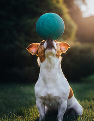 small dog balancing a ball on his nose