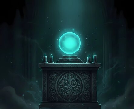 Ancient altar with glowing orb and candles in dark fantasy gothic style 