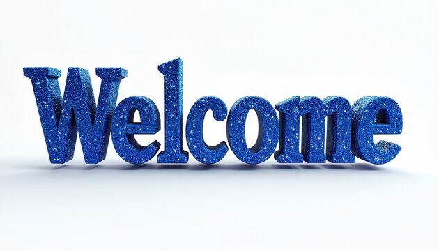 Bright blue glitter letters spell out welcome. 3D text word has silver shadow on white background. Use for greeting, invitation, event, greeting card, or party decoration.