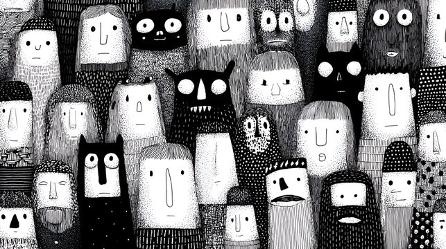 Black and white illustration depicts a whical crowd of unique hand drawn characters standing together in a visually engaging composition.