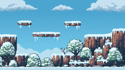 Pixel art winter game background with snow-covered cliffs, trees, and floating platforms. Retro 8 bit style landscape for video game level design. © hiten666