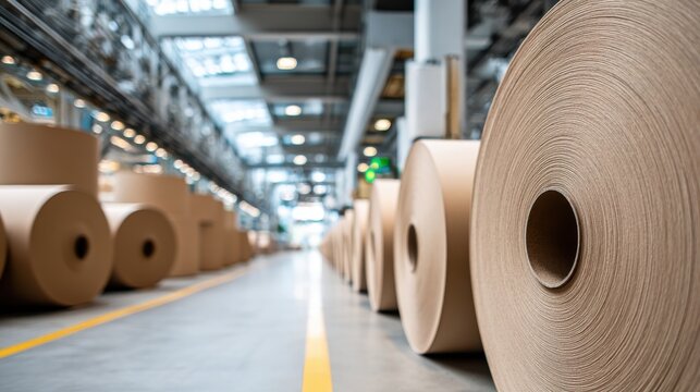 Large rolls of brown kraft paper in a modern paper mill factory warehouse