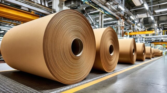 Large rolls of brown kraft paper in a paper mill production line
