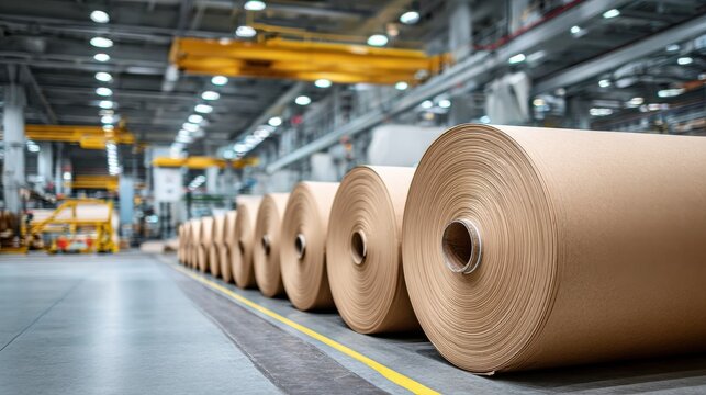 Rows of massive industrial paper rolls stored in a manufacturing facility
