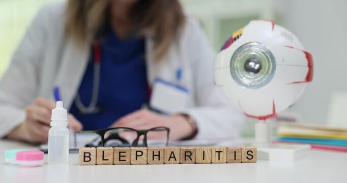 Word Blepharitis on blocks near eyeball anatomical model and drops in hospital. Female doctor writes notes planning patient treatment in clinic