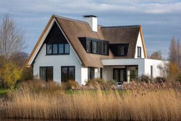 Obraz premium A charming house featuring a thatched roof and expansive windows sits by the water, enveloped by lush grass and tall trees, all under the bright sunshine of a clear autumn day
