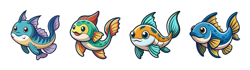 Obraz premium Cartoon style A set of four colorful cartoon fish swimming in different directions on a transparent background