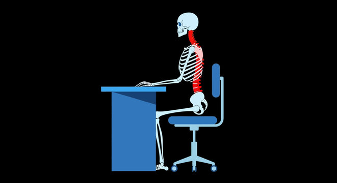 Ergonomic posture vector illustration with human skeleton sitting at desk, correct and incorrect spine alignment, isolated on black