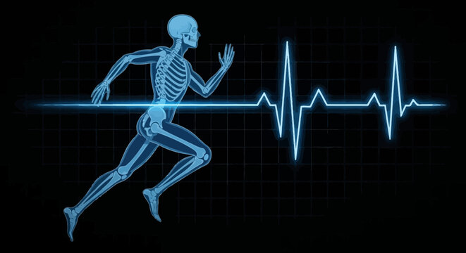 Running human skeleton X-ray vector with blue heartbeat line on black grid background, medical illustration