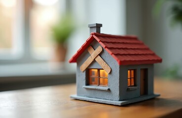 Small house model with band aids on roof. Tiny building with red tiles sits on desk. Concept for home repair or real estate problems.