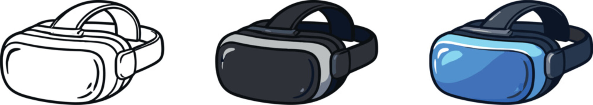 Virtual reality headset icons in outline, black, and blue styles for digital applications