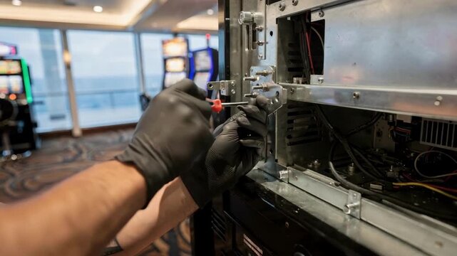 Technician placing and securing mechanical parts during installation of slot machine cabinets on a cruise ship gaming deck focused on hands and cabinet edges with blurred ship