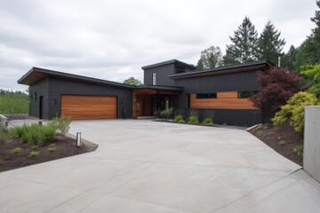 Modern house design located in a wooded area with a large driveway and spacious layout, featuring a mix of dark and light materials under a cloudy sky