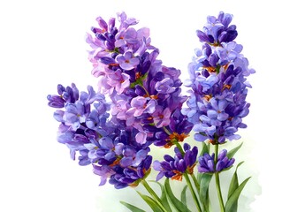 Watercolor illustration depicts beautiful sprigs of vibrant purple lavender flowers isolated on a clean white background, showcasing their delicate