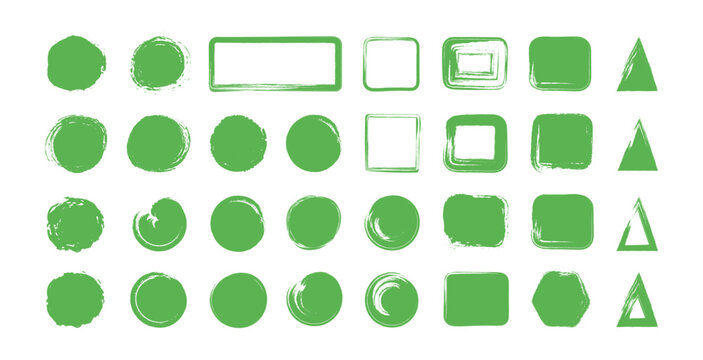 Hand drawn circle, square, triangle. Insignias, logos, icons, label. Distress texture grunge. Vector rough brush. For eco-friendly graphics, handmade seals, ecology design. Set of background elements.