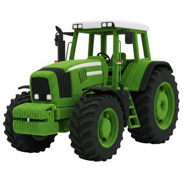 A detailed illustration of a green tractor with large tires and a front loader.