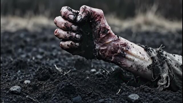Decomposing zombie hand slowly rising from a grave covered in soil and blood, a terrifying horror scene in a post apocalyptic world concept perfect for a scary halloween night