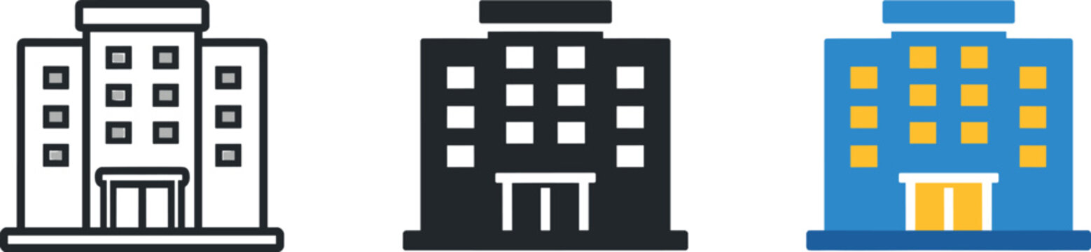 Hospitality lodging concept shown as a modern hotel building with multiple windows and centered entrance, clearly readable as a